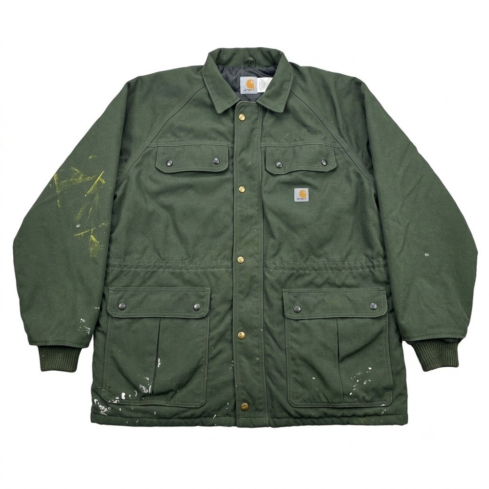 Vintage Carhartt C41 OLV Olive Chore Coat Quilted Lined Distressed Jacket Large